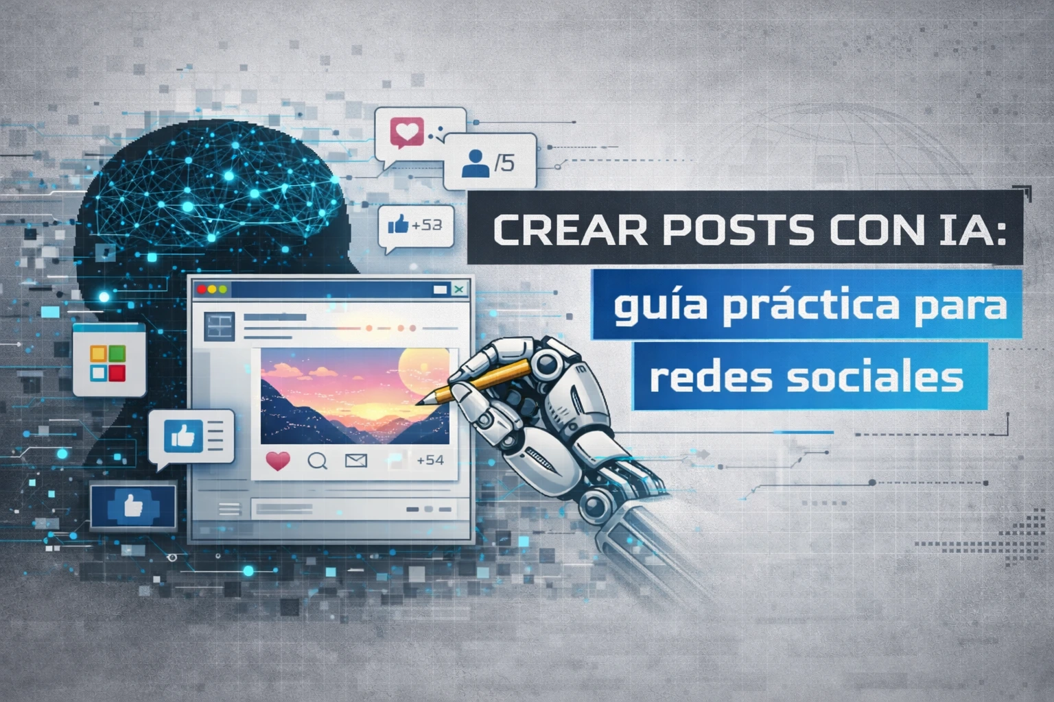 Crear posts con IA para redes sociales, guía práctica visual con inteligencia artificial generando contenido y diseño automatizado