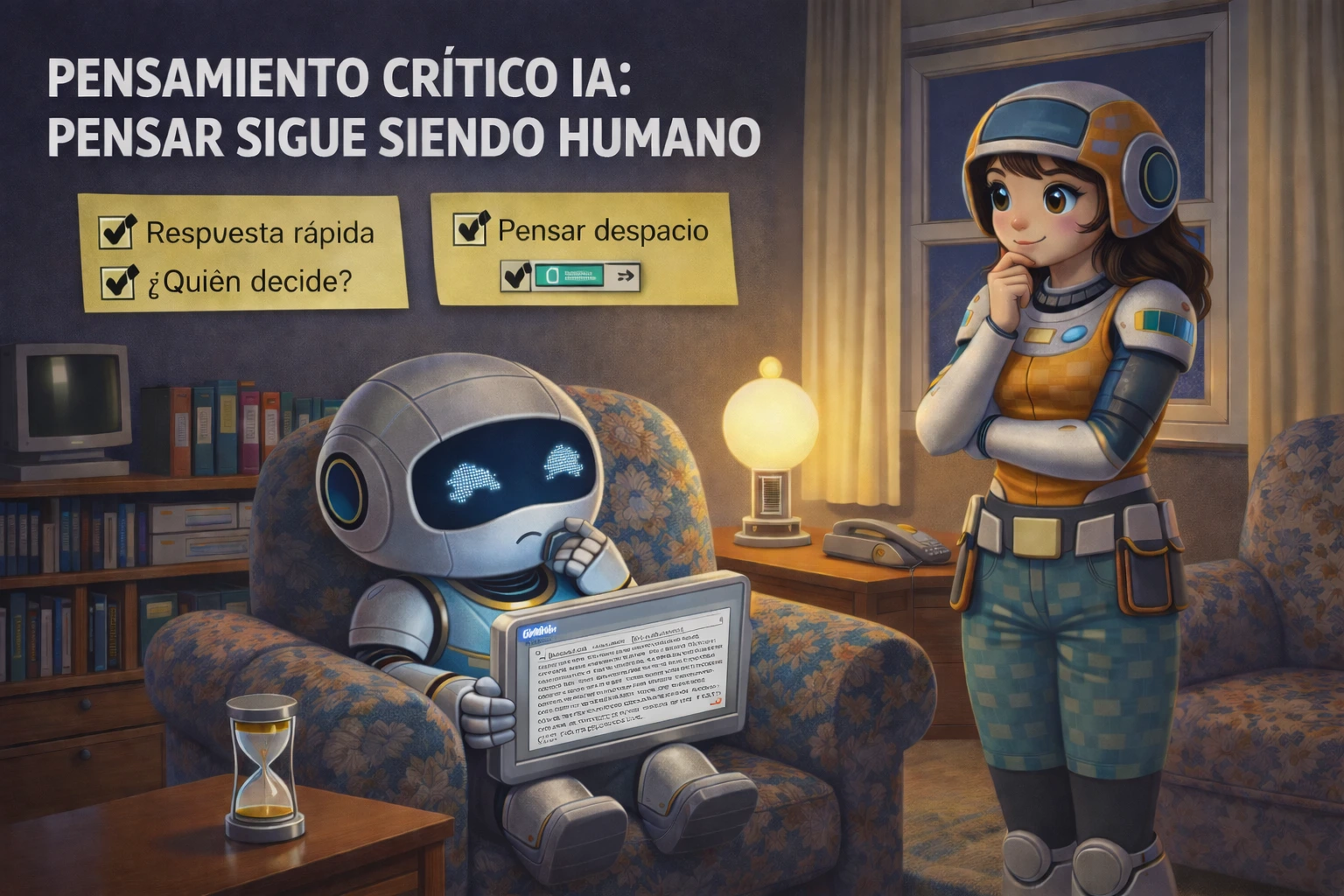 Robotito reflexiona en un salón de 1995 sosteniendo una ventana W95 física mientras NORA lo observa, con post-its sobre pensamiento crítico en la pared.
